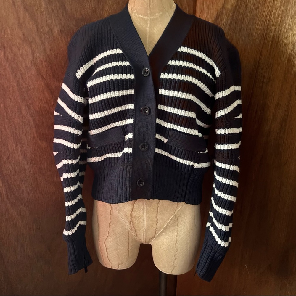 SACAI sz 1 S Thick Knit Horizontal Stripe Cardigan Sweater Navy Blue White - Picture 1 of 16